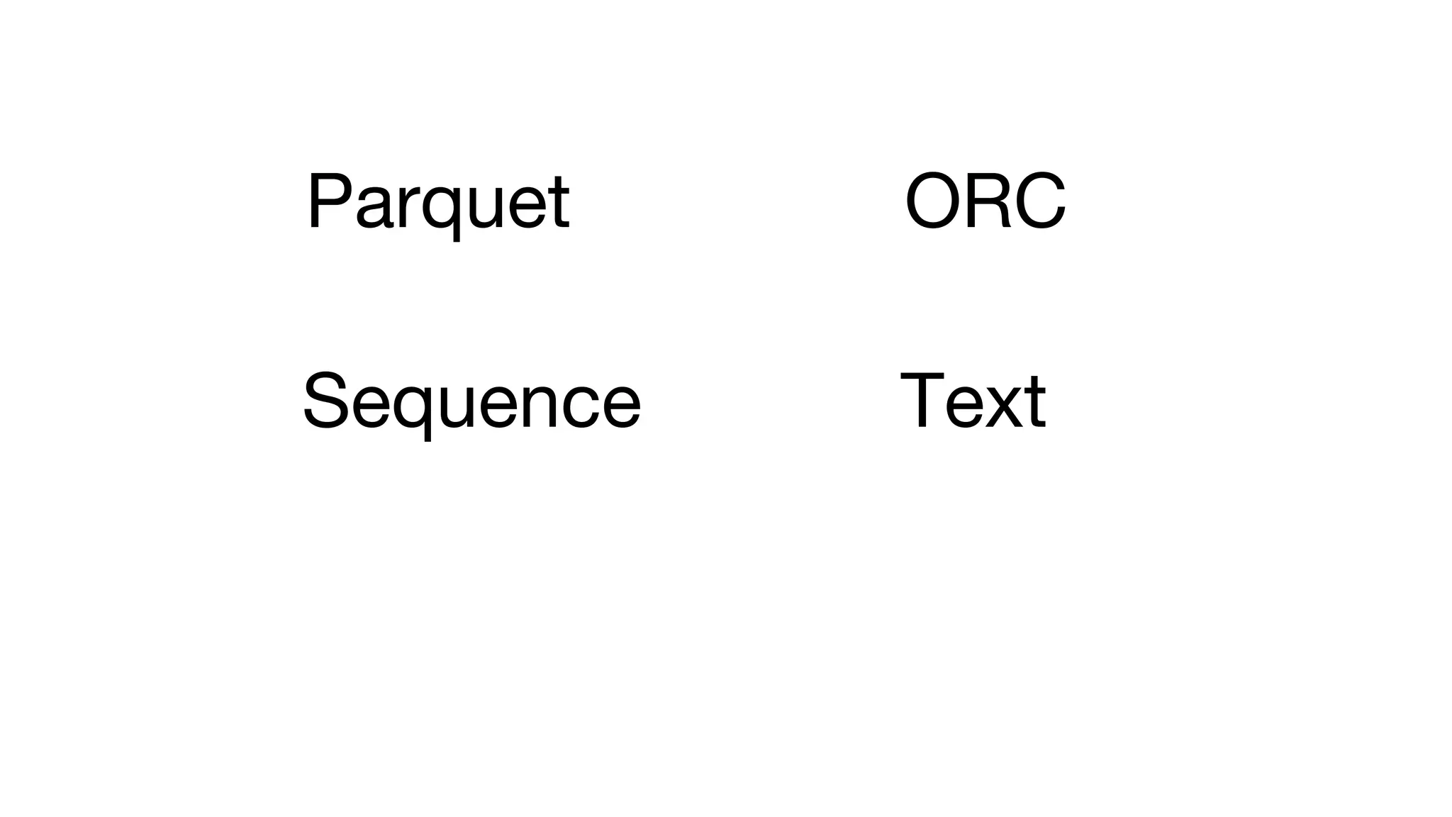 Parquet ORC
Sequence Text
 