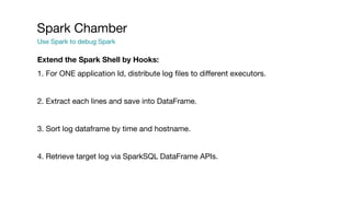 Spark Chamber
Use Spark to debug Spark
Extend the Spark Shell by Hooks:
1. For ONE application Id, distribute log files to different executors.
2. Extract each lines and save into DataFrame.
3. Sort log dataframe by time and hostname.
4. Retrieve target log via SparkSQL DataFrame APIs.
 