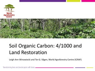 Soil	Organic	Carbon:	4/1000	and	
Land	Restoration
Leigh	Ann	Winowiecki and	Tor-G.	Vågen,	World	Agroforestry	Centre	(ICRAF)
 