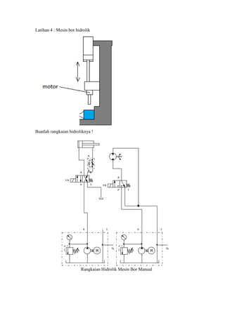 A B
P T
YA
A
P T
YB
A
B
P T
Ts
P T
Ts
Latihan 4 : Mesin bor hidrolik
Buatlah rangkaian hidroliknya !
Rangkaian Hidrolik Mesin Bor Manual
 