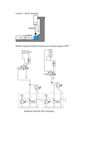 Latihan 3 : Mesin Stamping
Buatlah rangkaian hidrolik sebuah mesin stamping dengan 2 PRV !
Rangkaian Hidrolik Mesin Stamping
P T
Ts
P T
Ts
A B
P T
YA
A
B
A
B
P
T
P
T
A B
P T
YB
 