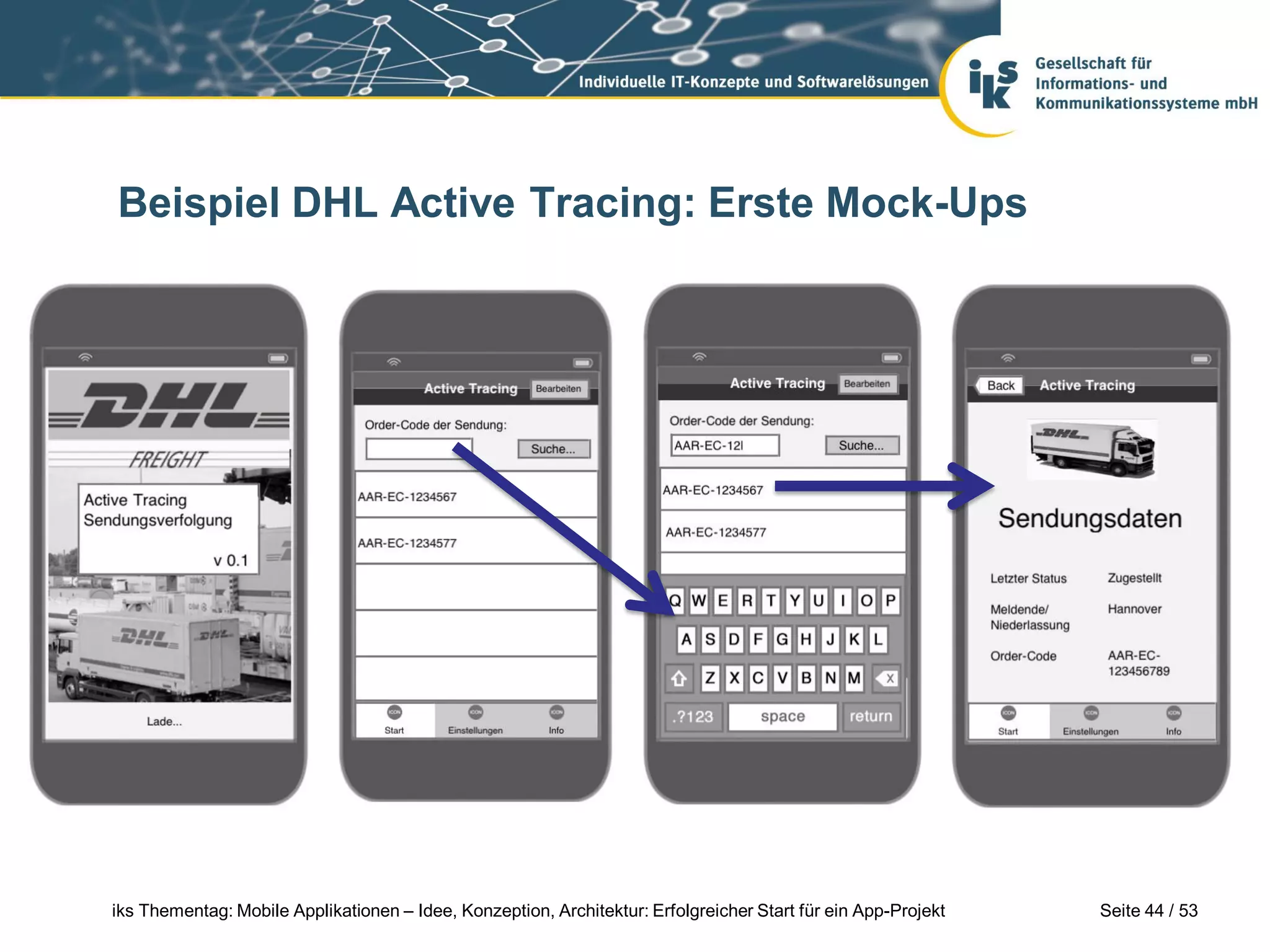 Beispiel DHL Active Tracing: Erste Mock-Ups




iks Thementag: Mobile Applikationen – Idee, Konzeption, Architektur: Erfolgreicher Start für ein App-Projekt   Seite 44 / 53
 