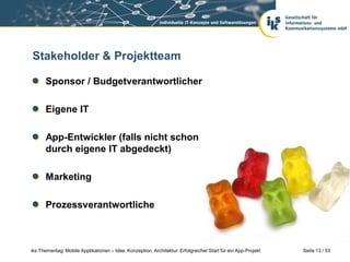 Stakeholder & Projektteam

      Sponsor / Budgetverantwortlicher

      Eigene IT

      App-Entwickler (falls nicht schon
      durch eigene IT abgedeckt)

      Marketing

      Prozessverantwortliche



iks Thementag: Mobile Applikationen – Idee, Konzeption, Architektur: Erfolgreicher Start für ein App-Projekt   Seite 13 / 53
 