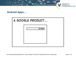 Android Apps…




iks Thementag: Mobile Applikationen – Idee, Konzeption, Architektur: Erfolgreicher Start für ein App-Projekt   Seite 41 / 53
 