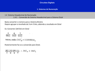 Circuitos Digitais
1. Sistemas de Numeração
1.4 Sistema Hexadecimal de Numeração
1.4.5 - Conversão do Sistema Hexadecimal para o Sistema Octal
Basta converter o número para o Sistema Binário
Depois agrupar o resultado de 3 em 3 bits, obtendo o resultado em Octal
Ex: Converter (3A7)16 em Octal
Posteriormente faz-se a conversão para Octal.
 