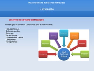 Desenvolvimento de Sistemas Distribuídos
1- INTRODUÇÂO
DESAFIOS DE SISTEMAS DISTRIBUIDOS
- Heterogeneidade:
Eles devem ser construídos a partir de uma variedade de redes, sistemas operacionais, hardware e
linguagens de programação diferentes.
Os protocolos de comunicacao da internet mascaram a diferença existentes nas redes e o middleware
pode cuidar das outras diferenças.
 