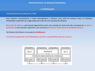 Desenvolvimento de Sistemas Distribuídos
1- INTRODUÇÂO
Compartilhamento de Recursos e Web
Recursos: Conjunto de elementos, desde componentes de hardware, como discos e impressores,
até entidades definidas pelo software como arquivos, banco de dados e objetos de dados
de todos os tipos.
Recursos hardware: compartilha-se processadores, impressoras, memória, discos, etc
Recursos de dados: compartilha-se arquivos
Recursos com funcionalidade especifica: compartilha-se mecanismos de busca
Em Sistemas Distribuídos: os recursos são fisicamente encapsulados dentro dos computadores e só
podem ser acessados a partir de outros computadores por intermédio de mecanismos de comunicação.
Serviço: é usado para designar uma parte distinta de um sistema de computador que
gerencia um conjunto de recursos relacionados e apresenta sua funcionalidade para
usuários e aplicativos.
 