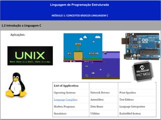 Linguagem de Programação Estruturada
MÓDULO 1: CONCEITOS BÀSICOS LINGUAGEM C
1.2 Introdução a Linguagem C
Aplicações:
 