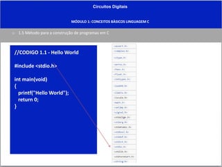 Circuitos Digitais
MÓDULO 1: CONCEITOS BÀSICOS LINGUAGEM C
o 1.5 Método para a construção de programas em C
//CODIGO 1.1 - Hello World
#include <stdio.h>
int main(void)
{
printf("Hello World");
return 0;
}
 
