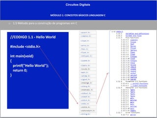 Circuitos Digitais
MÓDULO 1: CONCEITOS BÀSICOS LINGUAGEM C
o 1.5 Método para a construção de programas em C
//CODIGO 1.1 - Hello World
#include <stdio.h>
int main(void)
{
printf("Hello World");
return 0;
}
 