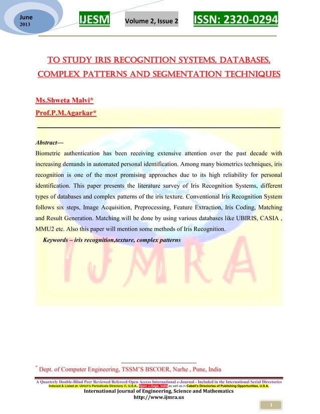 To Study Iris Recognition Systems, Databases, Complex Patterns and ...