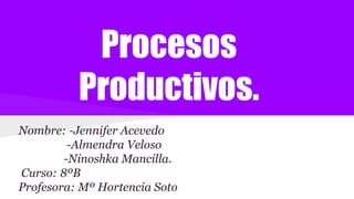 Procesos
Productivos.
Nombre: -Jennifer Acevedo
-Almendra Veloso
-Ninoshka Mancilla.
Curso: 8ºB
Profesora: Mº Hortencia Soto
 
