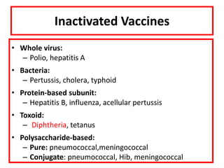 Inactivated Vaccines
• Whole virus:
– Polio, hepatitis A
• Bacteria:
– Pertussis, cholera, typhoid
• Protein-based subunit:
– Hepatitis B, influenza, acellular pertussis
• Toxoid:
– Diphtheria, tetanus
• Polysaccharide-based:
– Pure: pneumococcal,meningococcal
– Conjugate: pneumococcal, Hib, meningococcal
 