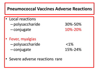Pneumococcal Vaccines Adverse Reactions
• Local reactions
–polysaccharide 30%-50%
–conjugate 10%-20%
• Fever, myalgias
–polysaccharide <1%
–conjugate 15%-24%
• Severe adverse reactions rare
 