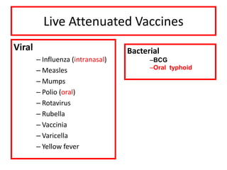 Live Attenuated Vaccines
Viral
‒ Influenza (intranasal)
‒ Measles
‒ Mumps
‒ Polio (oral)
‒ Rotavirus
‒ Rubella
‒ Vaccinia
‒ Varicella
‒ Yellow fever
Bacterial
‒BCG
‒Oral typhoid
 