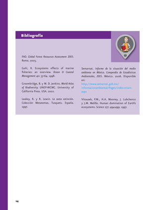 Bibliografía



     FAO. Global Forest Resources Assessment 2005.
     Roma. 2005.

     Goñi, R. Ecosystems effects of marine           Semarnat. Informe de la situación del medio
     fisheries: an overview. Ocean & Coastal         ambiente en México. Compendio de Estadísticas
     Management 40: 37-64. 1998.                     Ambientales, 2005. México. 2006. Disponible
                                                     en:
     Groombridge, B. y M. D. Jenkins. World Atlas    http://www.semarnat.gob.mx/
     of Biodiversity. UNEP-WCMC. University of       informacionambiental/Pages/index-sniarn.
     California Press. USA. 2002.                    aspx

     Leakey, R. y R. Lewin. La sexta extinción.      Vitousek, P.M., H.A. Mooney, J. Lubchenco
     Colección Metatemas. Tusquets. España.          y J.M. Melillo. Human domination of Earth’s
     1997.                                           ecosystems. Science 277: 494-499. 1997.




14
 