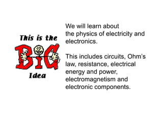 We will learn about
the physics of electricity and
electronics.
This includes circuits, Ohm’s
law, resistance, electrical
energy and power,
electromagnetism and
electronic components.
 
