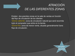 ATRACCIÓN
               DE LAS DIFERENTES ZONAS

Existen dos grandes zonas en la sala de ventas en función
del flujo de circulación de los clientes:
•Zona caliente: zona de circulación natural que será recorrida
todo el comprador que entre en la tienda.
•Zona fría: zona de menor venta, situada generalmente fuera
flujo de circulación.




                                                       Ampliar
                                                       apuntes
 