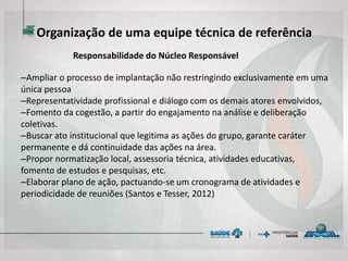 Responsabilidade do Núcleo Responsável
–Ampliar o processo de implantação não restringindo exclusivamente em uma
única pessoa
–Representatividade profissional e diálogo com os demais atores envolvidos,
–Fomento da cogestão, a partir do engajamento na análise e deliberação
coletivas.
–Buscar ato institucional que legitima as ações do grupo, garante caráter
permanente e dá continuidade das ações na área.
–Propor normatização local, assessoria técnica, atividades educativas,
fomento de estudos e pesquisas, etc.
–Elaborar plano de ação, pactuando-se um cronograma de atividades e
periodicidade de reuniões (Santos e Tesser, 2012)
Organização de uma equipe técnica de referência
 