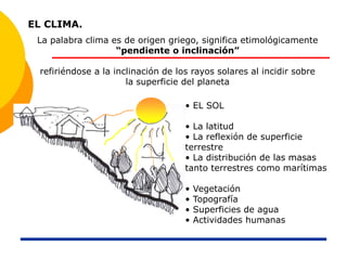 EL CLIMA.
La palabra clima es de origen griego, significa etimológicamente
“pendiente o inclinación”
refiriéndose a la inclinación de los rayos solares al incidir sobre
la superficie del planeta
• EL SOL
• La latitud
• La reflexión de superficie
terrestre
• La distribución de las masas
tanto terrestres como marítimas
• Vegetación
• Topografía
• Superficies de agua
• Actividades humanas
 