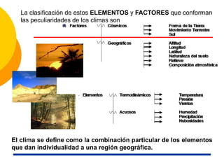 El clima se define como la combinación particular de los elementos
que dan individualidad a una región geográfica.
La clasificación de estos ELEMENTOS y FACTORES que conforman
las peculiaridades de los climas son
 