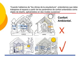Confort
Ambiental.
“Cuando hablamos de "los climas de la arquitectura", entendemos que debe
trabajarse el espacio a partir de los parámetros de confort entendidos como
objeto de diseño, aplicándolos en dos niveles sucesivos”
veranoinvierno
X
v
 