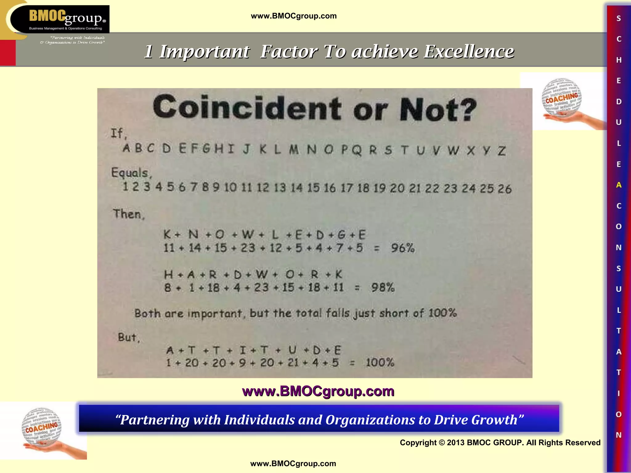 www.BMOCgroup.com
Copyright © 2013 BMOC GROUP. All Rights Reserved
www.BMOCgroup.com
Leading ~ Coaching ~ ConsultingLeading ~ Coaching ~ Consulting
“Partnering with Individuals and Organizations to Drive Growth”
www.BMOCgroup.comwww.BMOCgroup.com
1 Important Factor To achieve Excellence1 Important Factor To achieve Excellence
 
