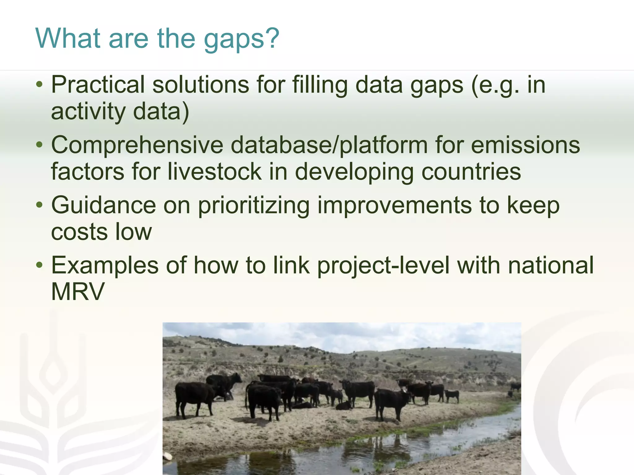 What are the gaps?
• Practical solutions for filling data gaps (e.g. in
activity data)
• Comprehensive database/platform for emissions
factors for livestock in developing countries
• Guidance on prioritizing improvements to keep
costs low
• Examples of how to link project-level with national
MRV
 