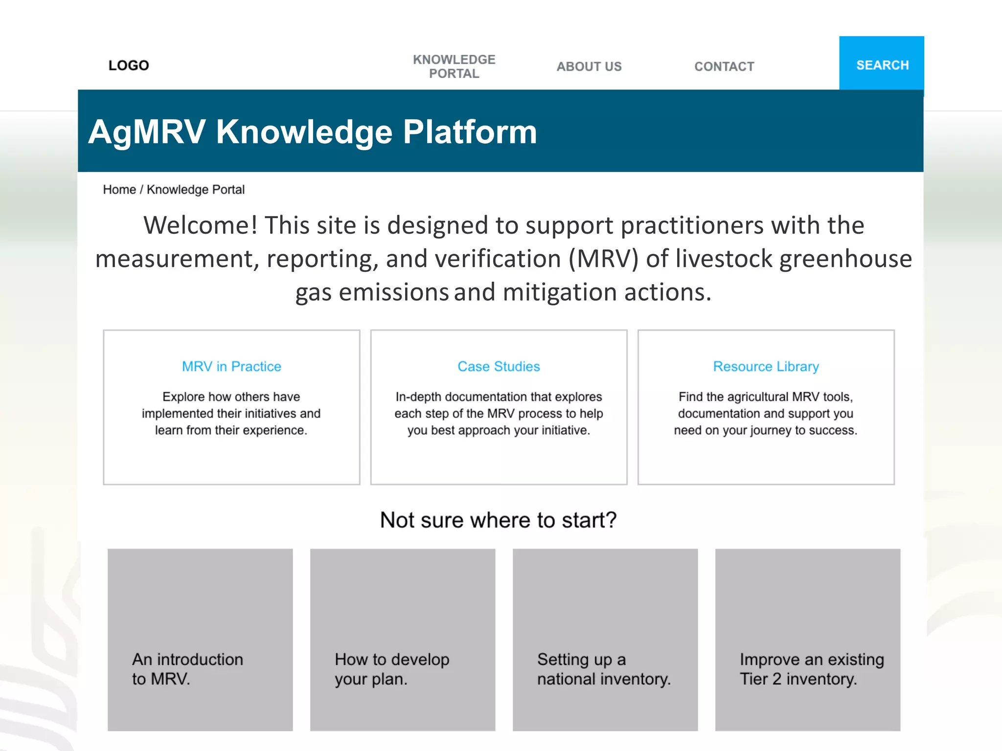 AgMRV Knowledge Platform
Welcome! This site is designed to support practitioners with the
measurement, reporting, and verification (MRV) of livestock greenhouse
gas emissionsand mitigation actions.
 