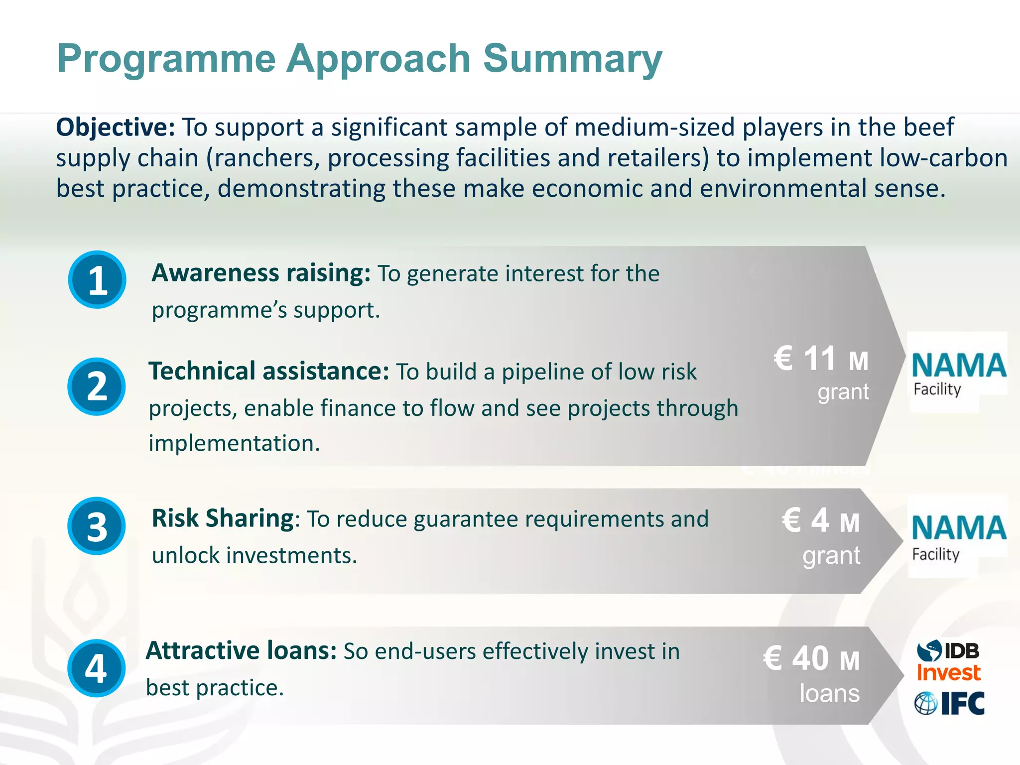 Programme Approach Summary
Objective: To support a significant sample of medium-sized players in the beef
supply chain (ranchers, processing facilities and retailers) to implement low-carbon
best practice, demonstrating these make economic and environmental sense.
€ 40 milhões
reembolsáveis
€ 11 milhões
não reembolsáveis
Attractive loans: So end-users effectively invest in
best practice.
1
2
3
4
€ 4 M
grant
€ 40 M
loans
€ 11 M
grant
Risk Sharing: To reduce guarantee requirements and
unlock investments.
Technical assistance: To build a pipeline of low risk
projects, enable finance to flow and see projects through
implementation.
Awareness raising: To generate interest for the
programme’s support.
 