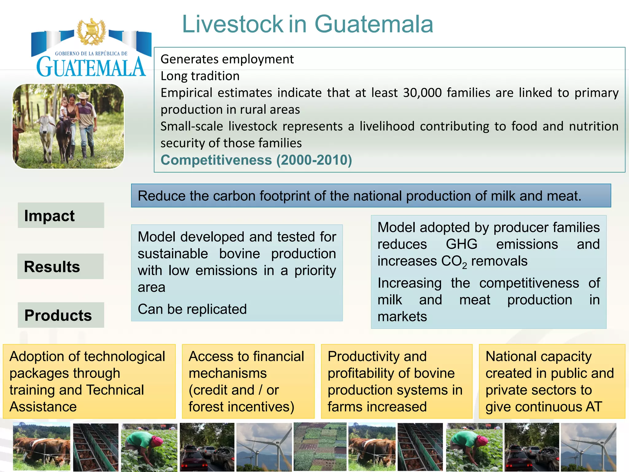 Reduce the carbon footprint of the national production of milk and meat.
Model developed and tested for
sustainable bovine production
with low emissions in a priority
area
Can be replicated
Model adopted by producer families
reduces GHG emissions and
increases CO2 removals
Increasing the competitiveness of
milk and meat production in
markets
Adoption of technological
packages through
training and Technical
Assistance
Productivity and
profitability of bovine
production systems in
farms increased
Access to financial
mechanisms
(credit and / or
forest incentives)
National capacity
created in public and
private sectors to
give continuous AT
Impact
Results
Products
Livestock in Guatemala
Generates employment
Long tradition
Empirical estimates indicate that at least 30,000 families are linked to primary
production in rural areas
Small-scale livestock represents a livelihood contributing to food and nutrition
security of those families
Competitiveness (2000-2010)
 