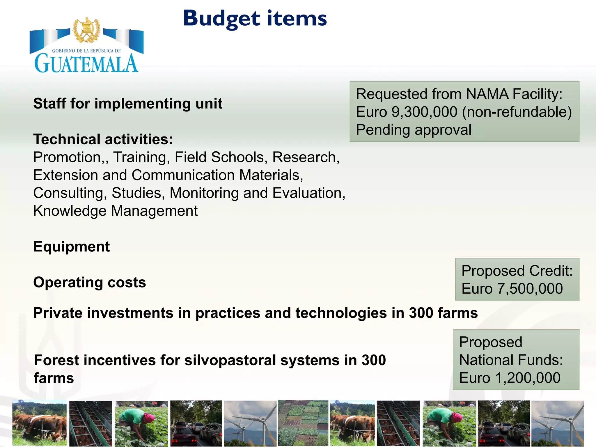 Staff for implementing unit
Technical activities:
Promotion,, Training, Field Schools, Research,
Extension and Communication Materials,
Consulting, Studies, Monitoring and Evaluation,
Knowledge Management
Equipment
Operating costs
Budget items
Requested from NAMA Facility:
Euro 9,300,000 (non-refundable)
Pending approval
Private investments in practices and technologies in 300 farms
Proposed Credit:
Euro 7,500,000
Forest incentives for silvopastoral systems in 300
farms
Proposed
National Funds:
Euro 1,200,000
 