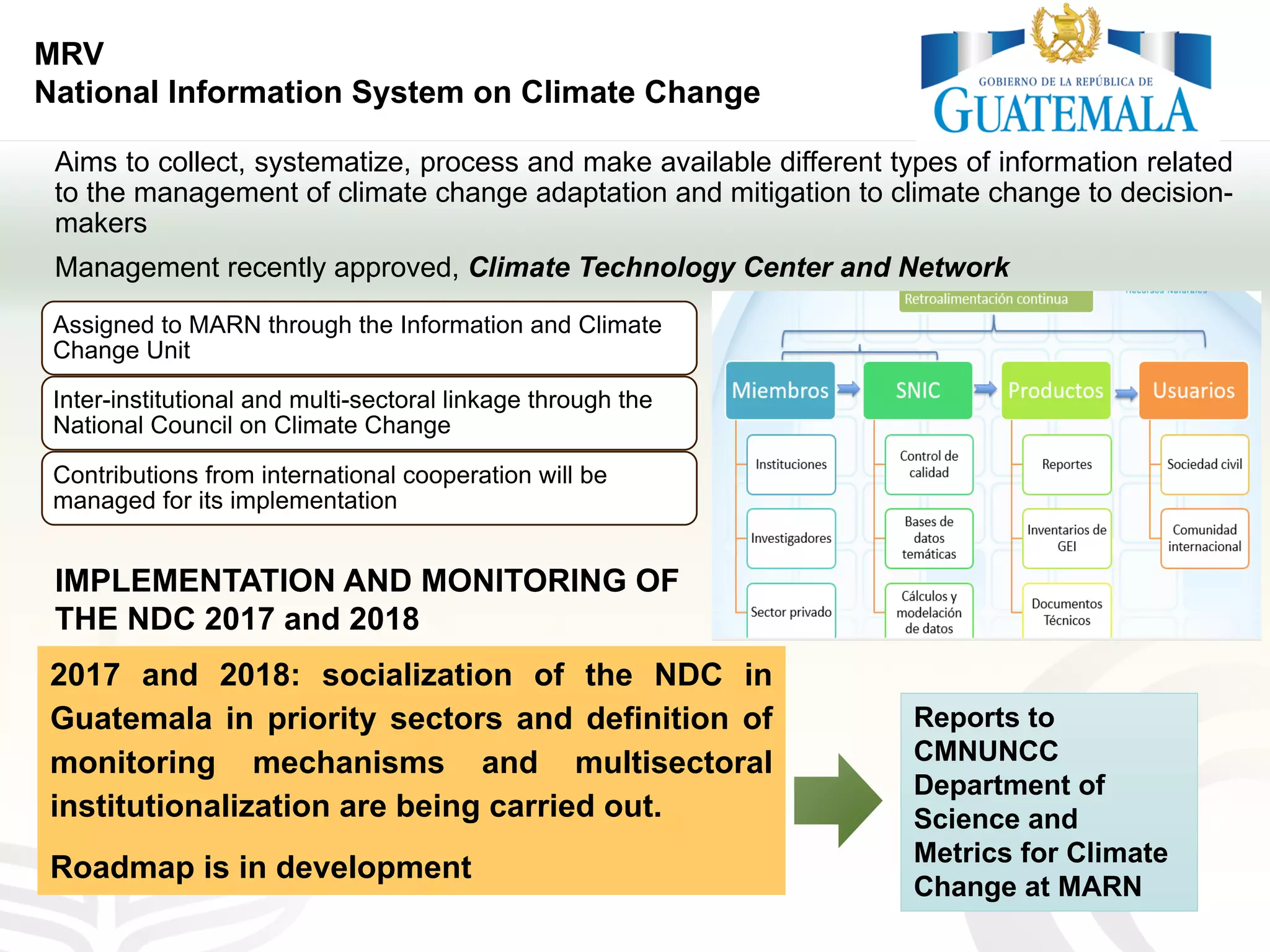 Aims to collect, systematize, process and make available different types of information related
to the management of climate change adaptation and mitigation to climate change to decision-
makers
Management recently approved, Climate Technology Center and Network
MRV
National Information System on Climate Change
Assigned to MARN through the Information and Climate
Change Unit
Inter-institutional and multi-sectoral linkage through the
National Council on Climate Change
Contributions from international cooperation will be
managed for its implementation
IMPLEMENTATION AND MONITORING OF
THE NDC 2017 and 2018
2017 and 2018: socialization of the NDC in
Guatemala in priority sectors and definition of
monitoring mechanisms and multisectoral
institutionalization are being carried out.
Roadmap is in development
Reports to
CMNUNCC
Department of
Science and
Metrics for Climate
Change at MARN
 