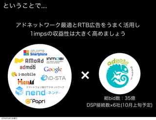 ということで....

         アドネットワーク最適とRTB広告をうまく活用し
              1impsの収益性は大きく高めましょう




                              総bid数：35億
                         DSP接続数 6社(10月上旬予定)

12年9月28日金曜日
 