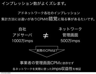 インプレッション数がよくズレます。

                アドネットワーク各社のインプレッション
集計方法には違いがありCPMの錯覚に陥る事があるたいです。


               自社                    ネットワーク
              アドサーバ                   管理画面
              1000万imps              500万imps

                          実際のCPMは?



                 事業者の管理画面CPMに依存せず
              各ネットワークを実際に使ったimps収益性を検証
12年9月28日金曜日
 