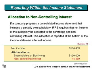Slide
4-26
Reporting Within the Income StatementReporting Within the Income StatementReporting Within the Income StatementReporting Within the Income Statement
Allocation to Non-Controlling InterestAllocation to Non-Controlling Interest
LO 4 Explain how to report items in the income statement.LO 4 Explain how to report items in the income statement.
If a company prepares a consolidated income statement thatIf a company prepares a consolidated income statement that
includes a partially own subsidiary. IFRS requires that net incomeincludes a partially own subsidiary. IFRS requires that net income
of the subsidiary be allocated to the controlling and non-of the subsidiary be allocated to the controlling and non-
controlling interest. This allocation is reported at the bottom of thecontrolling interest. This allocation is reported at the bottom of the
income statement after net income.income statement after net income.
Illustration 4-9
(amounts given)
 