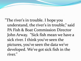 "The river's in trouble. I hope you
 understand, the river's in trouble,“ said
 PA Fish & Boat Commission Director
 John Arway. "Sick fish mean we have a
 sick river. I think you've seen the
 pictures, you've seen the data we've
 developed. We've got sick fish in the
 river."
 