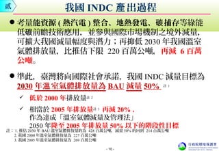 - 10 -
貳 我國 INDC 出過程產
考量能資源 ( 熱汽電 ) 整合、地熱發電、 捕存碳 等綠能
低 前瞻技術應用，並參與國際市場機制之境外減量，碳
可擴大我國減量幅度與潛力；再抑低 2030 年我國溫室
氣體排放量，比推估下限 220 百萬公噸，再減 6 百萬
公噸。
準此，臺灣將向國際社會承諾，我國 INDC 減量目標為
2030 年 室氣體排放量為溫 BAU 減量 50% 註 1
 低於 2000 年排放量註 2
 相當於 2005 年排放量註 3
再減 20% ，
作為達成「溫室氣體減量及管理法」
2050 年降至 2005 年排放量 50% 以下的階段性目標
註： 1. 推估 2030 年 BAU 溫室氣體排放量約為 428 百萬公噸，減量 50% 約回到 214 百萬公噸
2. 我國 2000 年溫室氣體排放量為 227 百萬公噸
3. 我國 2005 年溫室氣體排放量為 269 百萬公噸
 