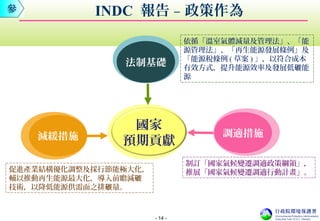 - 14 -
國家
預期貢獻減緩措施
法制基礎
調適措施
依循「溫室氣體減量及管理法」、「能
源管理法」、「再生能源發展條例」及
「能源稅條例 ( 草案 ) 」，以符合成本
有效方式，提升能源效率及發展低 能碳
源
制訂「國家氣候變遷調適政策綱領」，
推展「國家氣候變遷調適行動計畫」。促進產業結構優化調整及採行節能極大化，
輔以推動再生能源最大化，導入前瞻減碳
技術，以降低能源供需面之排 量。碳
INDC 報告 – 政策作為參
 