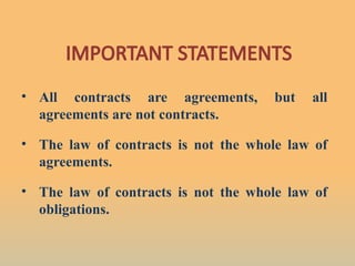 IMPORTANT STATEMENTS
• All contracts are agreements, but all
agreements are not contracts.
• The law of contracts is not the whole law of
agreements.
• The law of contracts is not the whole law of
obligations.
 