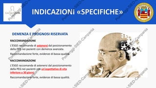 INDICAZIONI «SPECIFICHE»
DEMENZA E PROGNOSI RISERVATA
RACCOMANDAZIONE
L'ESGE raccomanda di astenersi dal posizionamento
della PEG nei pazienti con demenza avanzata.
Raccomandazione forte, evidenze di bassa qualità.
RACCOMANDAZIONE
L'ESGE raccomanda di astenersi dal posizionamento
della PEG nei pazienti con un'aspettativa di vita
inferiore a 30 giorni.
Raccomandazione forte, evidenze di bassa qualità.
 