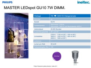 MASTER LEDspot GU10 7W DIMM. Wattage 7W  50W HV-Halogenersatz Dimmbar Ja Sockel GU10 Farbtemperatur Warmweiss  2700 K,  Warmweiss  3000 K und Neutralweiss 4000 K Lebensdauer 45.000 Stunden Ausstrahlungswinkel 25° und 40° Lichststärke 2700 K:  1 ’100 cd (25°),  430 cd (40°) 3000 K:  1’300 cd (25°),  600 cd (40°) 4000 K:  1 ’400 cd (25°) Lichtstrom / Lumen pro Watt 39 lm/W Farbwiedergabe (Ra) >80 Dimmbar 
