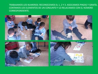 TRABAJAMOS LOS NUMEROS: RECONOCEMOS EL 1, 2 Y 3. ASOCIAMOS PINZAS Y GRAFÍA,
CONTAMOS LOS ELEMENTOS DE UN CONJUNTO Y LO RELACIAMOS CON EL NÚMERO
CORRESPONDIENTE.

 