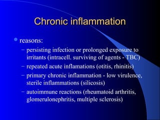 Chronic inflammationChronic inflammation
reasons:
– persisting infection or prolonged exposure to
irritants (intracell. surviving of agents - TBC)
– repeated acute inflamations (otitis, rhinitis)
– primary chronic inflammation - low virulence,
sterile inflammations (silicosis)
– autoimmune reactions (rheumatoid arthritis,
glomerulonephritis, multiple sclerosis)
 