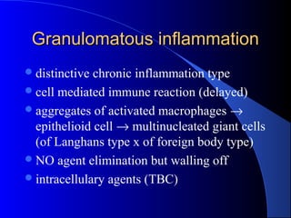Granulomatous inflammationGranulomatous inflammation
distinctive chronic inflammation type
cell mediated immune reaction (delayed)
aggregates of activated macrophages →
epithelioid cell → multinucleated giant cells
(of Langhans type x of foreign body type)
NO agent elimination but walling off
intracellulary agents (TBC)
 