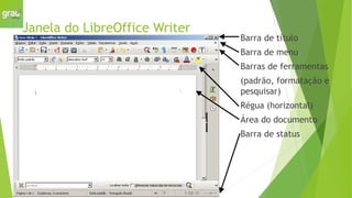 Janela do LibreOffice Writer
Barra de título
Barra de menu
Barras de ferramentas
(padrão, formatação e
pesquisar)
Régua (horizontal)
Área do documento
Barra de status
 