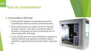 Tipos de computadores
 Computadores Midrange
 Computadores pequenos projetados para serem
acessados por diversos usuários simultaneamente;
 Cada usuário possui seu próprio terminal (monitor,
teclado e mouse), mas toda a entrada de dados é
enviada e processada de forma centralizada em um
único computador midrange;
 É uma solução que vem sendo adotada por pequenas e
médias empresas que desejam centralizar dados e
simplificar o gerenciamento das aplicações, segurança
etc.
 