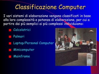 Classificazione Computer I vari sistemi di elaborazione vengono classificati in base alla loro complessità e potenza di elaborazione, per cui a partire dai più semplici ai più complessi individuiamo: Calcolatrici Palmari Laptop/Personal Computer Minicomputer Mainframe   