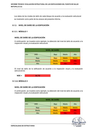INFORME TÉCNICO: EVALUACIÓN ESTRUCTURAL DE LAS EDIFICACIONES DEL PUESTO DE SALUD
MOTUPILLO (I-2)
ESPECIALIDAD DE ESTRUCTURAS
Los datos de los niveles de daño de cada bloque de acuerdo a la evaluación estructural
se mostrarán como parte de los anexos del presente informe.
8.1.3. NIVEL DE DAÑO DE LA EDIFICACIÓN
8.1.3.1. MÓDULO 1
NIVEL DE DAÑO DE LA EDIFICACIÓN
A continuación, se muestra como ejemplo, la obtención del nivel de daño de acuerdo a la
inspección visual y la evaluación estructural.
NIVEL DE DAÑO
DIV DEE Bajo Medio Alto
Bajo Bajo Medio Medio
Medio Medio Medio Alto
Alto Medio Alto Alto
El nivel de daño de la edificación de acuerdo a la inspección visual y la evaluación
estructural es:
NDE = ALTO
8.1.3.2. MÓDULO 2
NIVEL DE DAÑO DE LA EDIFICACIÓN
A continuación, se muestra como ejemplo, la obtención del nivel de daño de acuerdo a la
inspección visual y la evaluación estructural.
NIVEL DE DAÑO
DIV DEE Bajo Medio Alto
Bajo Bajo Medio Medio
Medio Medio Medio Alto
Alto Medio Alto Alto
 