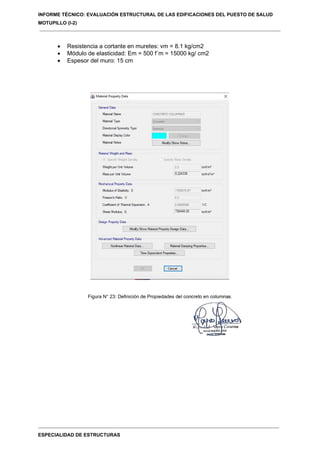 INFORME TÉCNICO: EVALUACIÓN ESTRUCTURAL DE LAS EDIFICACIONES DEL PUESTO DE SALUD
MOTUPILLO (I-2)
ESPECIALIDAD DE ESTRUCTURAS
 Resistencia a cortante en muretes: vm = 8.1 kg/cm2
 Módulo de elasticidad: Em = 500 f´m = 15000 kg/ cm2
 Espesor del muro: 15 cm
Figura N° 23: Definición de Propiedades del concreto en columnas.
 